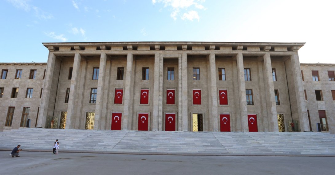 The Turkish Parliament is decorated with Turkish flags, Ankara, Türkiye, Oct. 4, 2016. (Getty Images Photo)