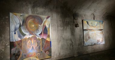 Artworks by Margaret R. Thompson displayed in the exhibition “Temenos: The Inland Sea” at Zeyrek Çinili Hamam, Istanbul, Türkiye, April 16, 2026. (Photo by Ayşe Sena Aykın)