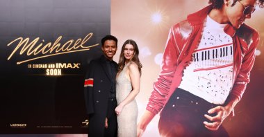 U.S. actor Jaafar Jackson and partner Maddie Simpson pose on the red carpet while arriving for the premiere of the film "Michael," Berlin, Germany, April 10, 2026. (EPA Photo)