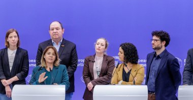 Portuguese Member of the European Parliament (MEP) Catarina Martins (C-L) speaks alongside French MEP Manon Aubry (C-R) during a press conference on the 'Justice for Palestine' European Citizens' Initiative (ECI) in Brussels, Belgium, April 15, 2026. (EPA Photo)