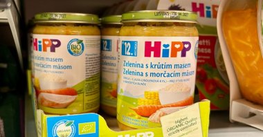 A view of HiPP baby food on a shelf, Ceske Budejovice, Czech Republic, April 19, 2026. (AP Photo)