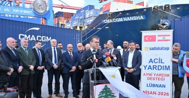 Turkish Ambassador to Lebanon Murat Lütem (C) speaks at a ceremony to deliver 360 tons of aid at the Port of Beirut, Beirut, Lebanon, April 20, 2026. (AA Photo)