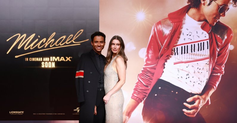 U.S. actor Jaafar Jackson and partner Maddie Simpson pose on the red carpet while arriving for the premiere of the film "Michael," Berlin, Germany, April 10, 2026. (EPA Photo)
