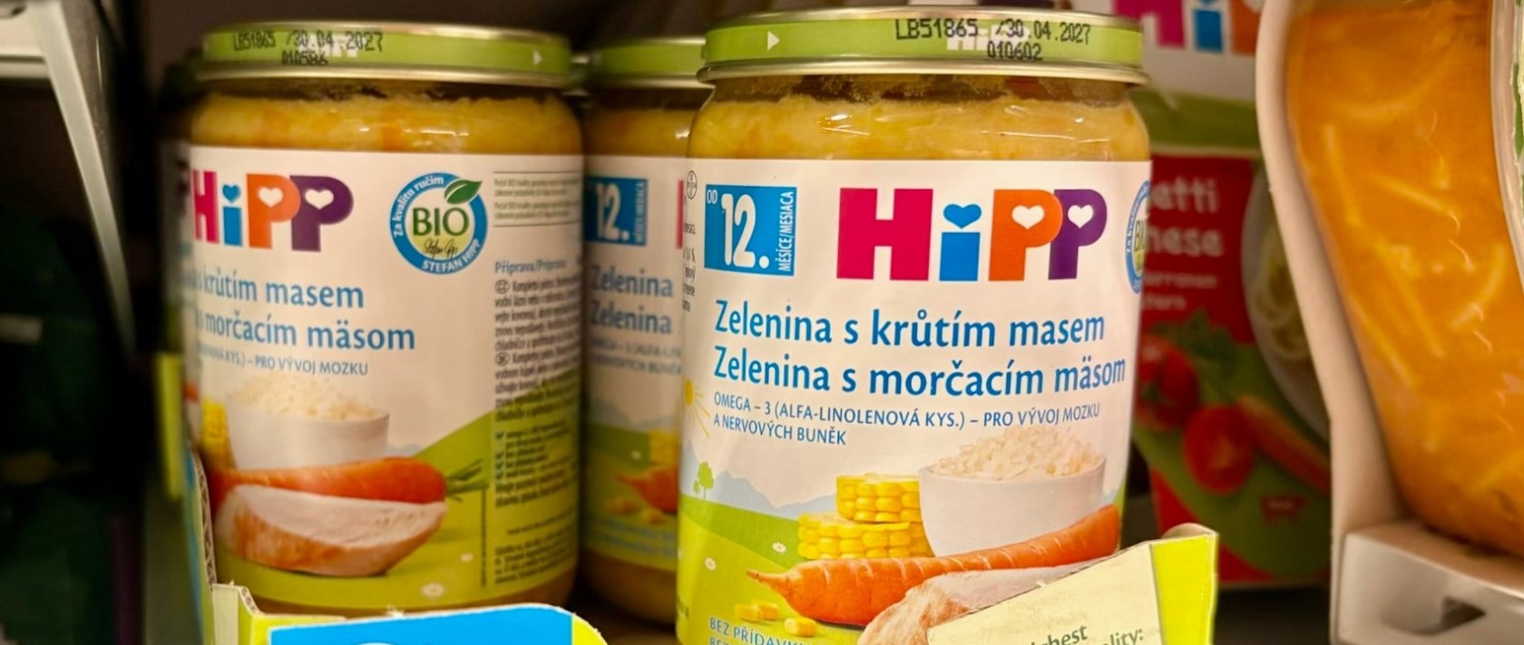 A view of HiPP baby food on a shelf, Ceske Budejovice, Czech Republic, April 19, 2026. (AP Photo)