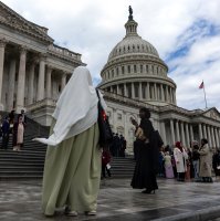 Members of the U.S. Council of Muslim Organizations (USCMO) gather to pose for a group photo on the steps of the House of Representatives at the U.S. Capitol as the group holds its 11th National Muslim Advocacy Day in Washington, D.C., April 20, 2026. (AFP Photo)