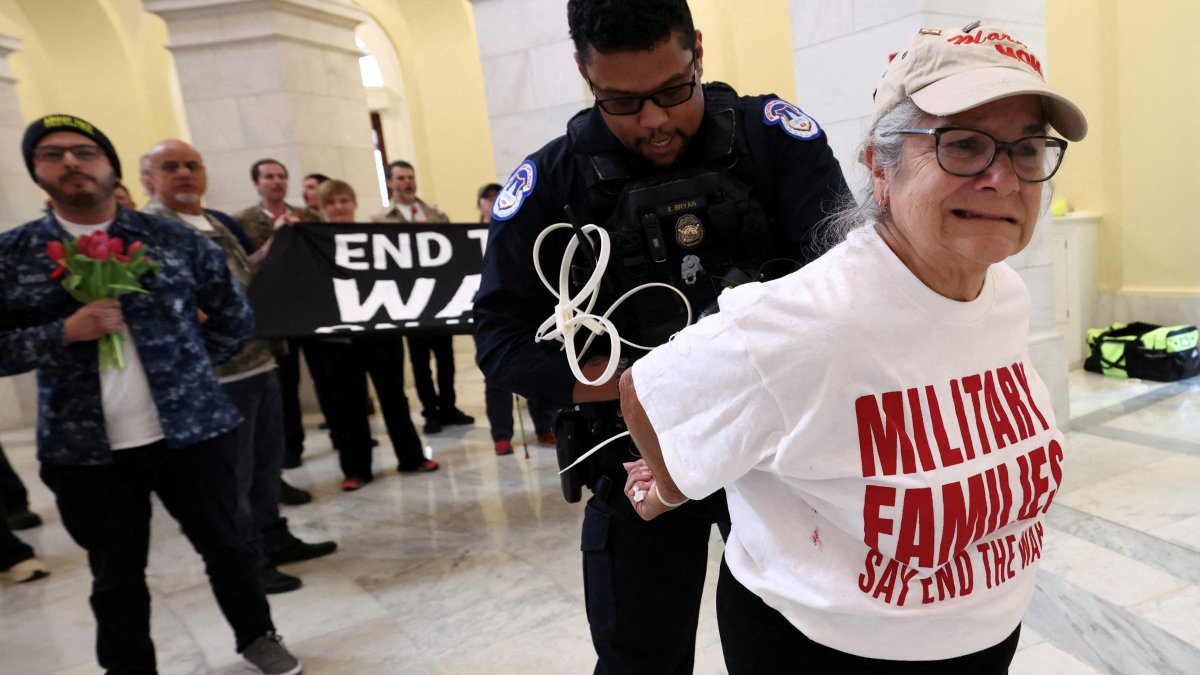 A protester's hands are zip-tied during a protest against the Iran war by veterans from the group About Face and members of military families in the Cannon House Office Building Rotunda on Capitol Hill in Washington, D.C., U.S., April 20, 2026. (Reuters Photo)