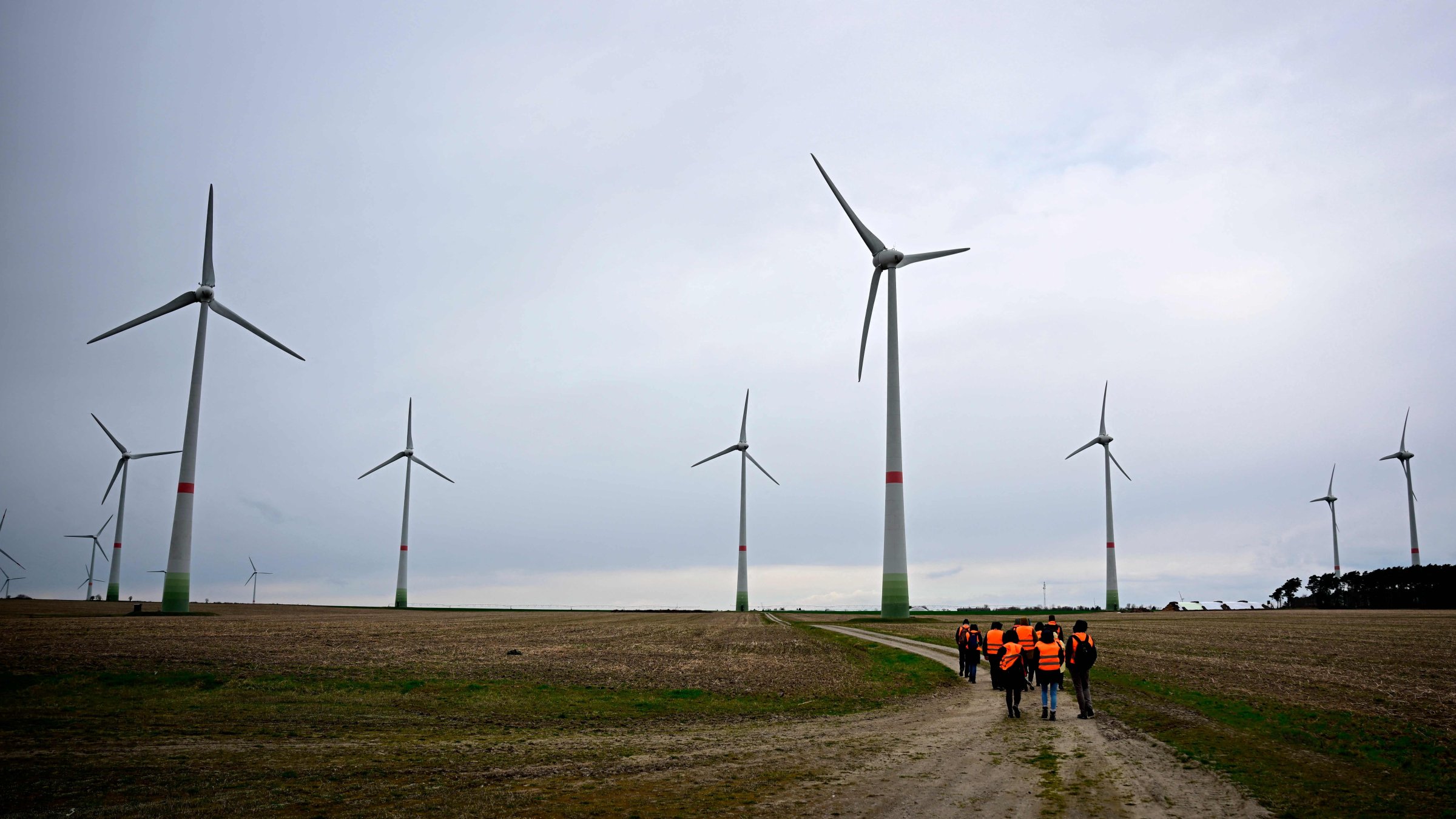 A group of people walk through a windpark, Feldheim, Germany, March 25, 2026. (AFP Photo)