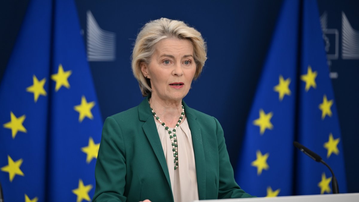 European Commission President Ursula von der Leyen speaks during a press statement on the European Union’s digital age verification application, Brussels, Belgium, April 15, 2026. (AA Photo)