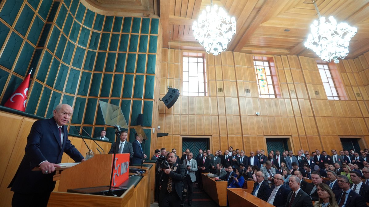 MHP leader Devlet Bahçeli speaks at the parliamentary group meeting of his party, Ankara, Türkiye, April 21, 2026. (AA Photo)
