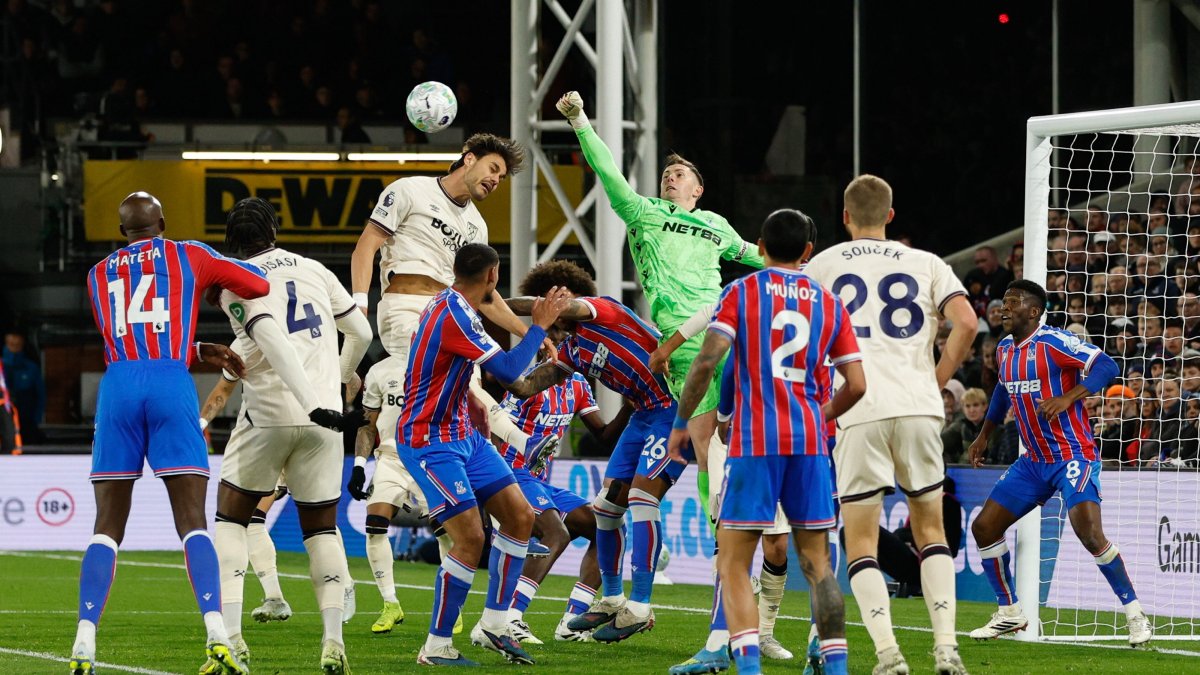 Crystal Palace goalkeeper Dean Henderson clears the ball during a Premier League match against West Ham United, in London, U.K., April 20, 2026. (EPA Photo)