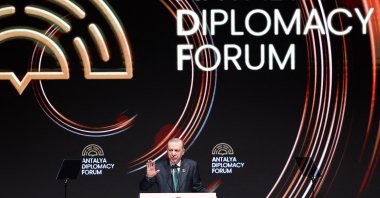 President Recep Tayyip Erdogan speaks at the opening ceremony of the fifth edition of the three-day Antalya Diplomacy Forum, Antalya, Türkiye, April 17, 2026. (AFP Photo)