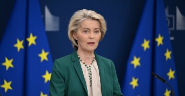 European Commission President Ursula von der Leyen speaks during a press statement on the European Union’s digital age verification application, Brussels, Belgium, April 15, 2026. (AA Photo)