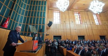 MHP leader Devlet Bahçeli speaks at the parliamentary group meeting of his party, Ankara, Türkiye, April 21, 2026. (AA Photo)