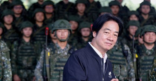 Taiwan President Lai Ching-te delivers a speech after inspecting reservists operating a Taiwan-made Hummer 2 Drone during a training session at Loung Te Industrial Parks Service Center in Yilan, Taiwan, Dec. 2, 2025. (Reuters File Photo)