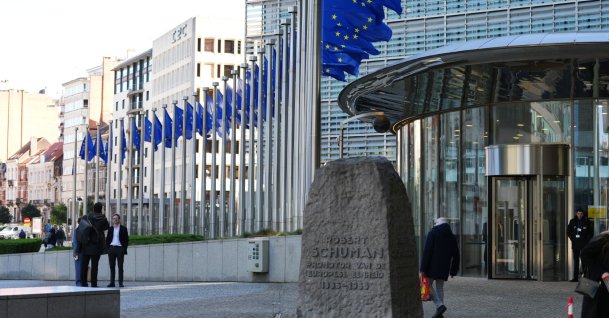 European Union flags flap in the wind outside EU headquarters in Brussels, Thursday, March 5, 2026. (AP Photo/Virginia Mayo)