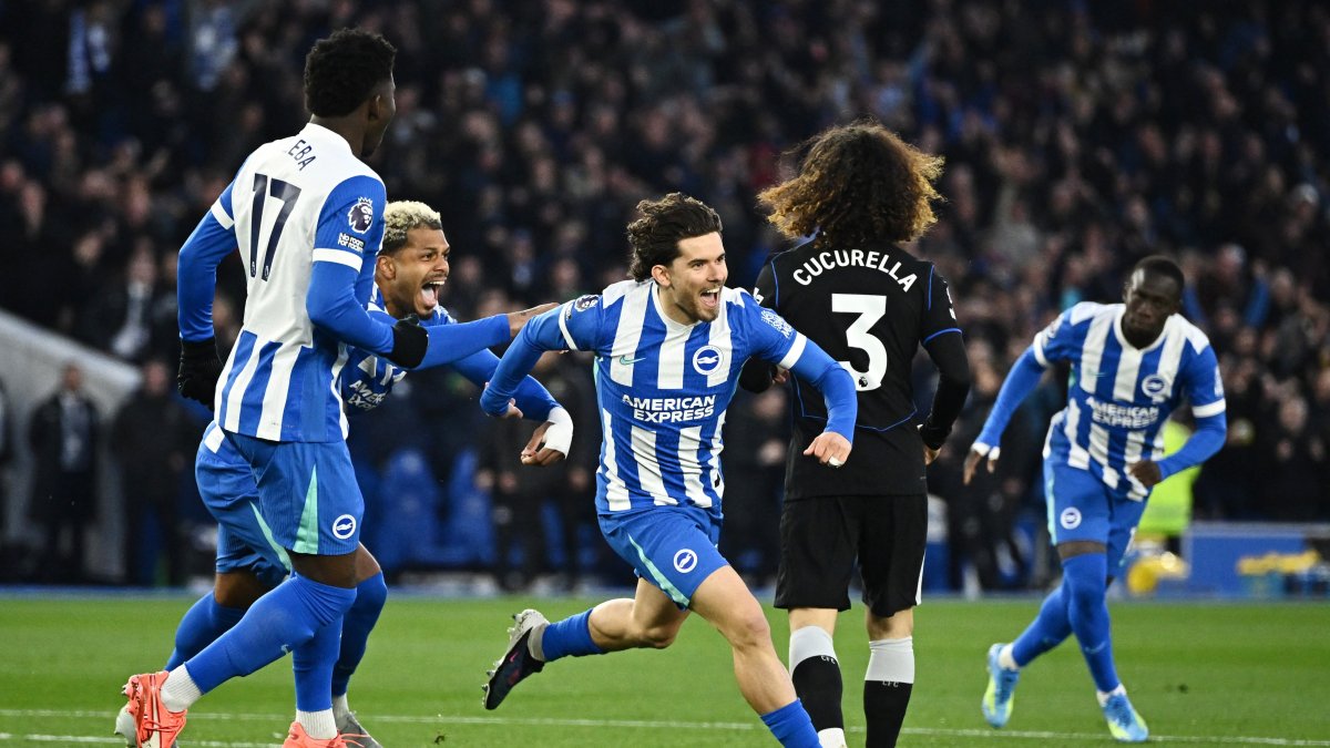 Brighton &amp; Hove Albion's Ferdi Kadıoğlu celebrates scoring their first goal in a Premier League match against Chelsea, Brighton, U.K., April 21, 2026. (Reuters Photo)