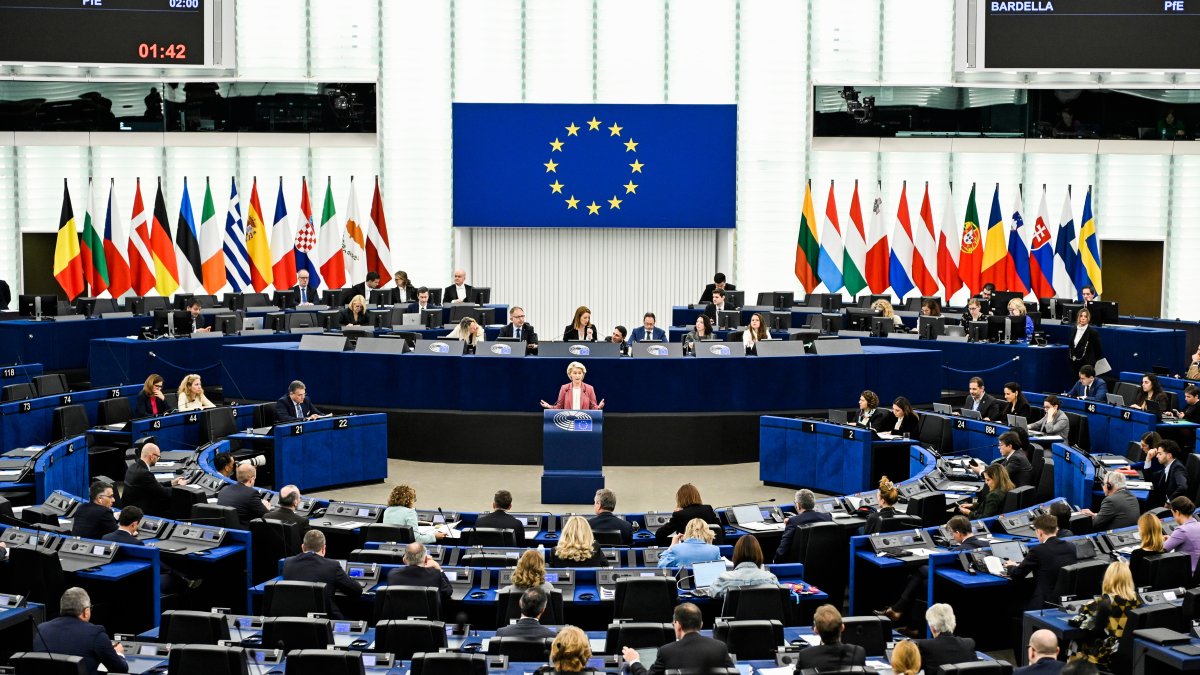 European Commission President Ursula von der Leyen speaks during a joint debate at the European Parliament, Strasbourg, eastern France, March 11, 2026. (AP Photo)