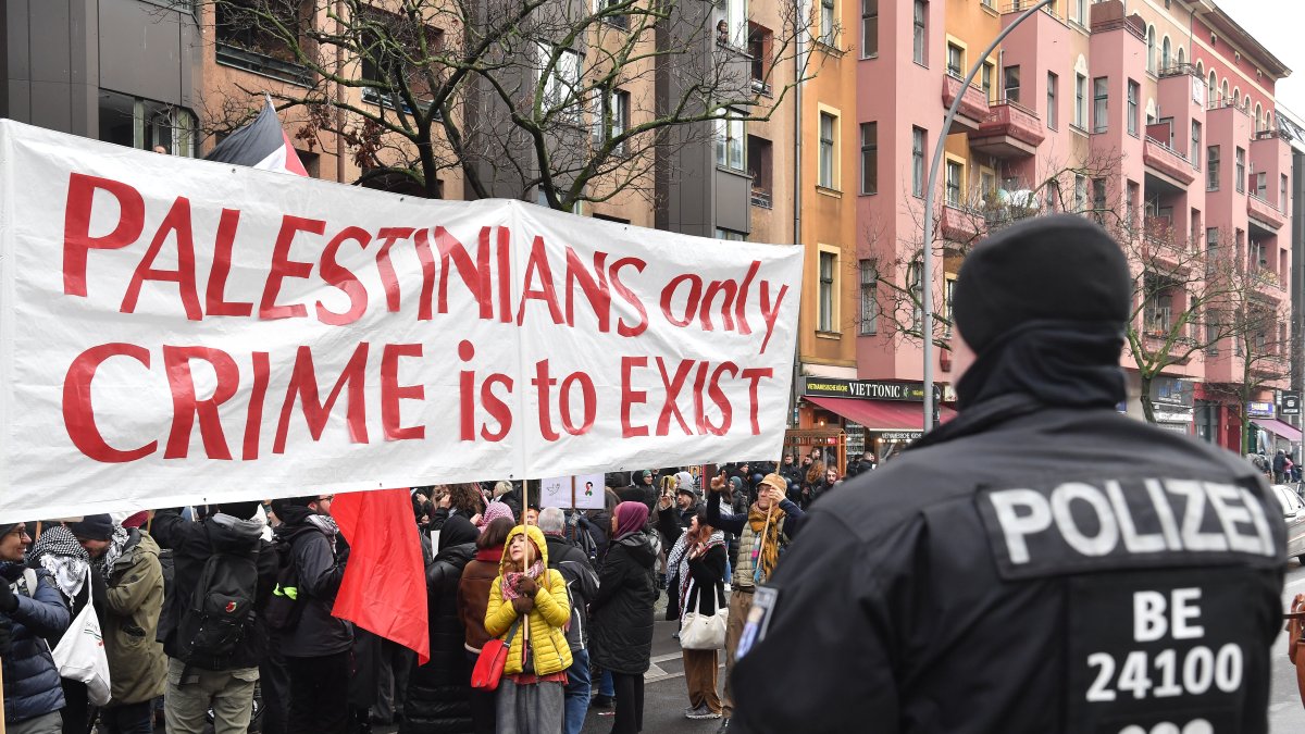 Participants in the pro-Palestinian demonstration "Stop the complicity. Sanctions now!" march towards Kottbuser, Berlin, Germany, Nov. 29, 2025. (Getty Images Photo)