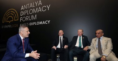 President Recep Tayyip Erdoğan sits with Foreign Minister Hakan Fidan (L), Azerbaijani President Ilham Aliyev (C-L) and Pakistani Prime Minister Shahbaz Sharif (R) during the opening session of the Antalya Diplomacy Forum, Antalya, Türkiye, April 17, 2026. (Reuters Photo)