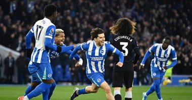 Brighton &amp; Hove Albion's Ferdi Kadıoğlu celebrates scoring their first goal in a Premier League match against Chelsea, Brighton, U.K., April 21, 2026. (Reuters Photo)