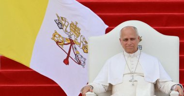 Pope Leo XIV meets with the World of Culture at the Leon XIV Campus of the National University, Malabo, Equatorial Guinea, April 21, 2026. (AFP)