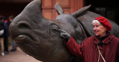 Monika Jansen, 85, touches a sculpture of a rhino as she takes part in a guided tour for people with dementia organized by Malteser Deutschland, part of the international Catholic aid organization Malteser Order of Malta, at the Zoo in Berlin, Germany, March 26, 2026. (AP Photo)