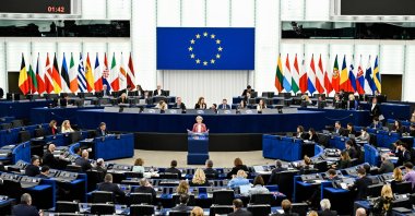 European Commission President Ursula von der Leyen speaks during a joint debate at the European Parliament, Strasbourg, eastern France, March 11, 2026. (AP Photo)