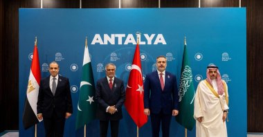 The foreign ministers of Egypt, Pakistan, Türkiye and Saudi Arabia, Badr Abdelatty, Mohammad Ishaq Dar, Hakan Fidan and Prince Faisal bin Farhan, meet on the sidelines of the Antalya Diplomacy Forum, Antalya, Türkiye, April 17, 2026. (Reuters Photo)