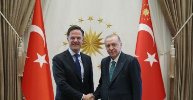 President Recep Tayyip Erdoğan shaking hands with NATO Secretary-General Mark Rutte at the Presidential Complex in Ankara. (AFP Photo via Presidency Handout)