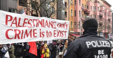 Participants in the pro-Palestinian demonstration "Stop the complicity. Sanctions now!" march towards Kottbuser, Berlin, Germany, Nov. 29, 2025. (Getty Images Photo)