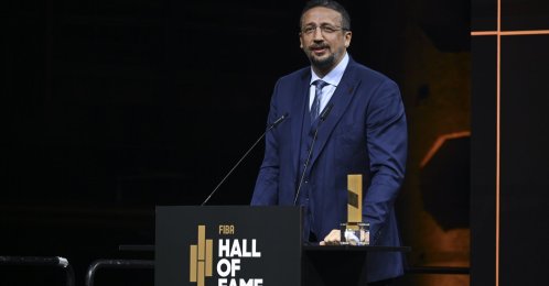 Turkish former basketball player and current President of the Turkish Basketball Federation Hidayet Türkoğlu speaks after receiving his award at the FIBA Hall of Fame 2026 Induction ceremony in Berlin, Germany, April 21, 2026. (AA Photo)