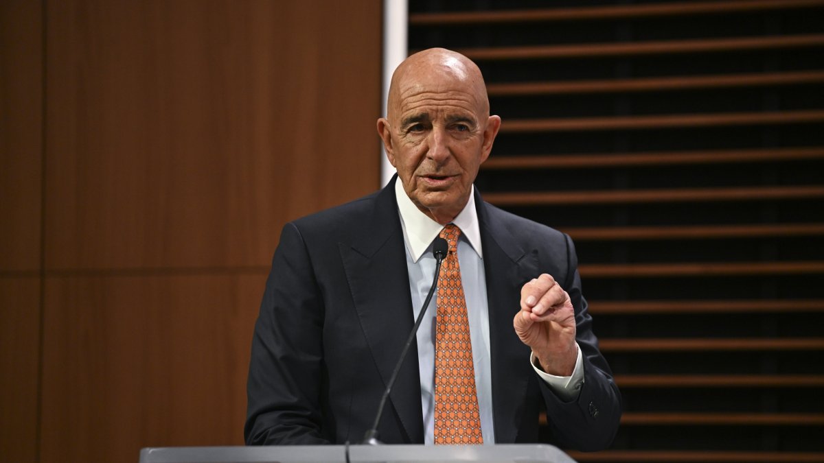 U.S. Ambassador Tom Barrack speaks at an event, Washington, U.S., March 27, 2026. (AA Photo)