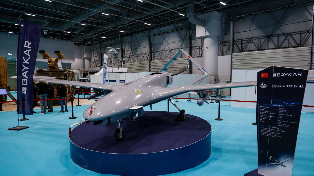 A Bayraktar TB2 drone of Turkish drone-maker Baykar is seen at a stand during the first day of the SAHA EXPO Defence and Aerospace Exhibition, Istanbul, Türkiye, Nov. 10, 2021. (Reuters Photo)