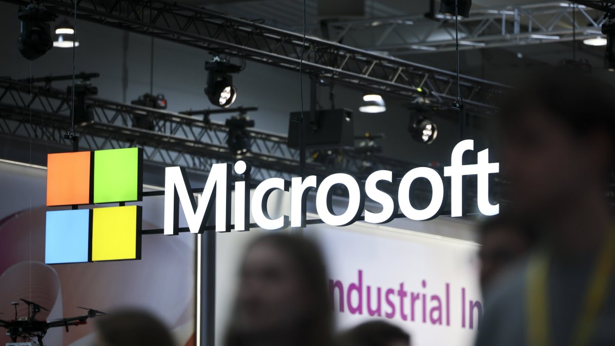 The Microsoft logo can be seen at a booth at Hannover Messe, Hanover, Germany, April 20, 2026. (EPA Photo)