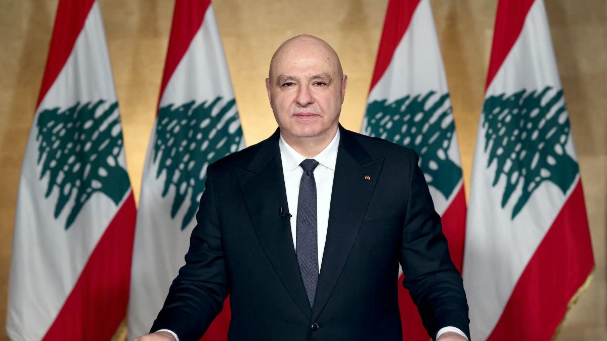 President Joseph Aoun delivering a televised address to the Lebanese people from the Baabda Presidential Palace, east of the capital Beirut, April 17, 2026. (AFP Photo via Lebanese Presidency Handout)