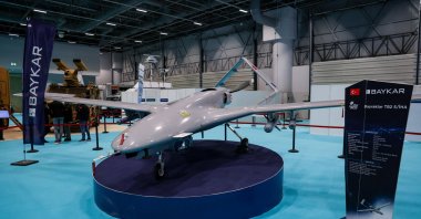 A Bayraktar TB2 drone of Turkish drone-maker Baykar is seen at a stand during the first day of the SAHA EXPO Defence and Aerospace Exhibition, Istanbul, Türkiye, Nov. 10, 2021. (Reuters Photo)