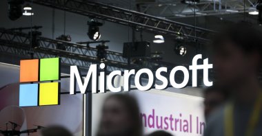 The Microsoft logo can be seen at a booth at Hannover Messe, Hanover, Germany, April 20, 2026. (EPA Photo)