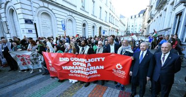 Participants walk during the Global Sumud Parliamentarians Congress, bringing together lawmakers, political party representatives, public officials and U.N. rapporteurs from around the world, Brussels, Belgium, April 22, 2026. (AA Photo)
