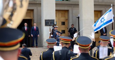 U.S. Secretary of Defense Pete Hegseth stands with Israel's Minister of Defense Israel Katz during an arrival ceremony for Katz at the Pentagon in Washington, D.C., July 18, 2025. (AFP Photo)