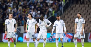 
Italy's Gianluca Mancini, Pio Esposito, Marco Palestra, Leonardo Spinazzola and Federico Gatti look dejected after the match with Bosnia-Herzegovina after failing to qualify for the FIFA World Cup, Bilino Polje Stadium, Zenica, Bosnia-Herzegovina, March 31, 2026. (Reuters File Photo)