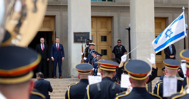 U.S. Secretary of Defense Pete Hegseth stands with Israel's Minister of Defense Israel Katz during an arrival ceremony for Katz at the Pentagon in Washington, D.C., July 18, 2025. (AFP Photo)