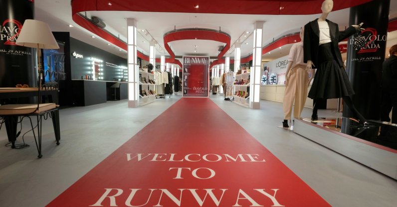 An installation of the new movie 'Devil Wears Prada 2' is displayed at La Rinascente shopping center, Milan, Italy, April 20, 2026. (AP Photo)