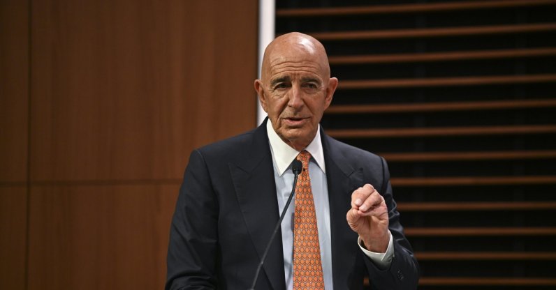 U.S. Ambassador Tom Barrack speaks at an event, Washington, U.S., March 27, 2026. (AA Photo)
