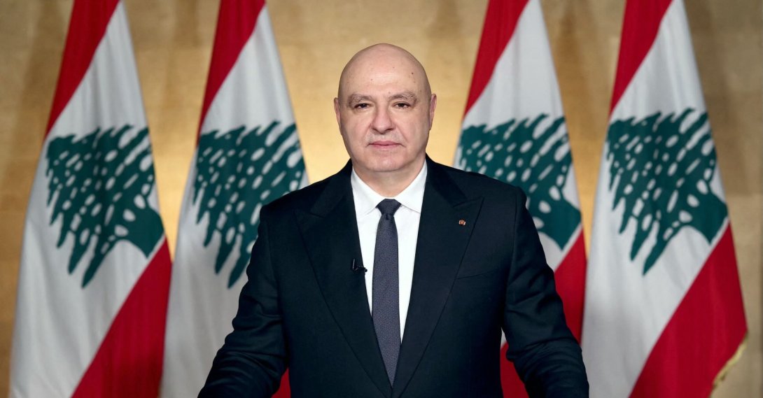 President Joseph Aoun delivering a televised address to the Lebanese people from the Baabda Presidential Palace, east of the capital Beirut, April 17, 2026. (AFP Photo via Lebanese Presidency Handout)