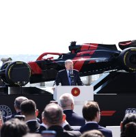 President Recep Tayyip Erdoğan speaks in front of a Formula 1 car as he officially announces the sport’s return to the country, Istanbul, Türkiye, April 24, 2026. (AA Photo)