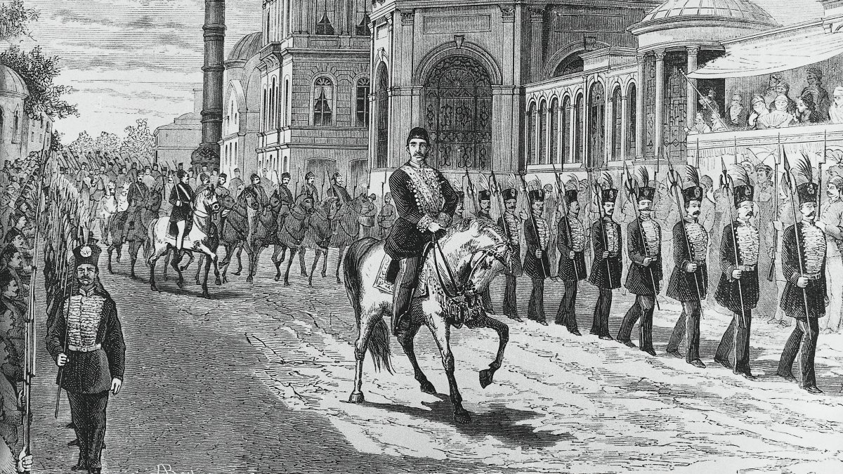 An engraving depicts Ottoman Sultan Abdulhamid II in Istanbul during celebrations marking his accession to the throne in September 1876. (Getty Images Photo)