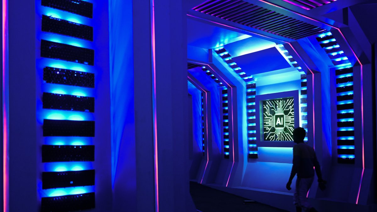 A temporary structure with an AI theme for a festival, Kolkata, India, Sept. 24, 2025. (Getty Images Photo)