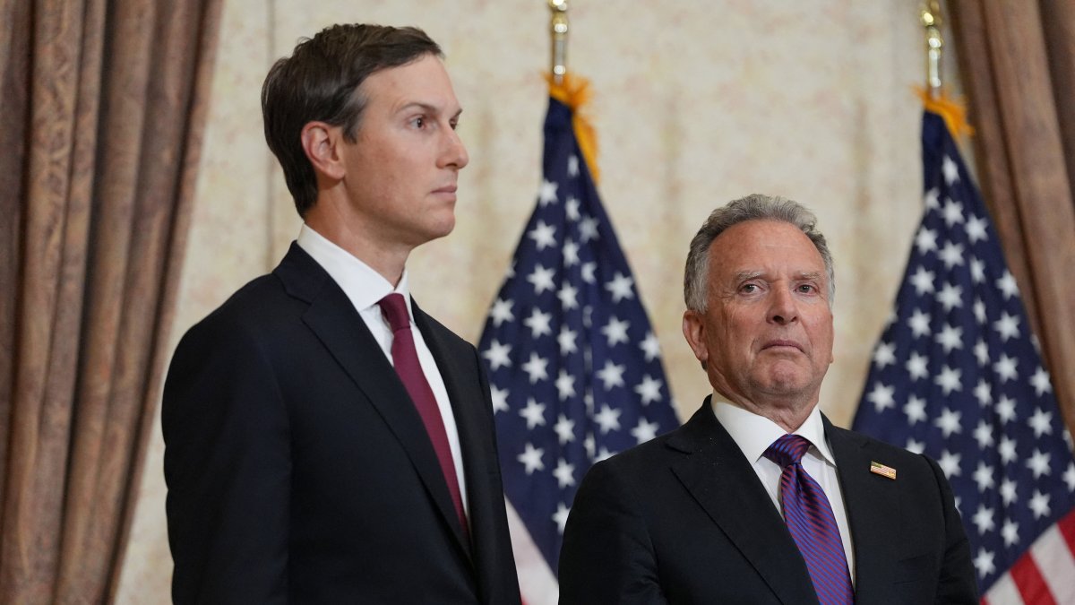 Jared Kushner and Steve Witkoff, Special Envoy for Peace Missions, listen as Vice President JD Vance speaks during a news conference after meeting with representatives from Pakistan and Iran, in Islamabad, Pakistan, Sunday, April 12, 2026. (Reuters File Photo)