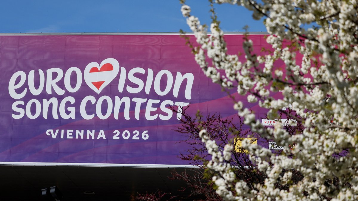 The Eurovision Song Contest 2026 logo, on the day of a press conference in front of the Stadthalle, in Vienna, Austria, April 9, 2026. (Reuters Photo)