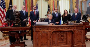 U.S. President Donald Trump is joined by U.S. officials and representatives of Lebanon and Israel during a briefing in the Oval Office at the White House, Washington, U.S., April 23, 2026. (Reuters Photo)